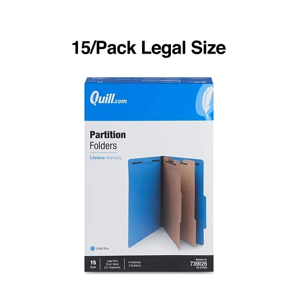 Quill Brand® 2/5-Cut Tab Pressboard Classification File Folders, 2-Partitions, 6-Fasteners, Legal, Blue, 15/Box (7-39026) 4 Quill Brand® 2/5-Cut Tab Pressboard Classification File Folders, 2-Partitions, 6-Fasteners, Legal, Blue, 15/Box (7-39026) - Image 2