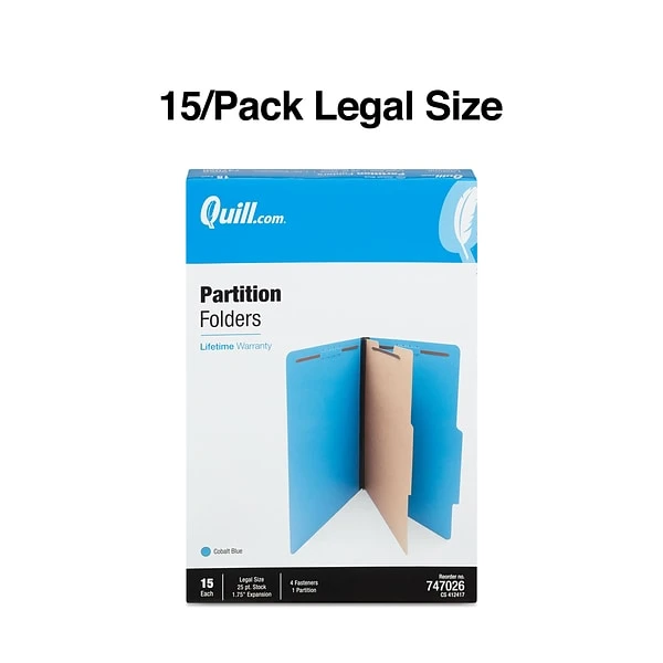 Quill Brand® 2/5-Cut Tab Pressboard Classification File Folders, 1-Partition, 4-Fasteners, Legal, Blue, 15/Box (747026) 4 Quill Brand® 2/5-Cut Tab Pressboard Classification File Folders, 1-Partition, 4-Fasteners, Legal, Blue, 15/Box (747026) - Image 2