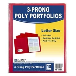 C-Line, Red Two Pocket Poly Portfolios With 3 Prongs Pack Of 10, 8.5" X 11" Paper Size (CLI32964)