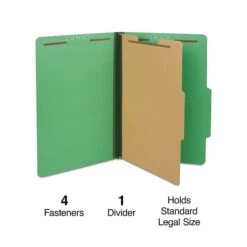 Quill Brand® 2/5-Cut Tab Pressboard Classification File Folders, 1-Partition, 4-Fasteners, Legal, Green, 15/Box (747034)