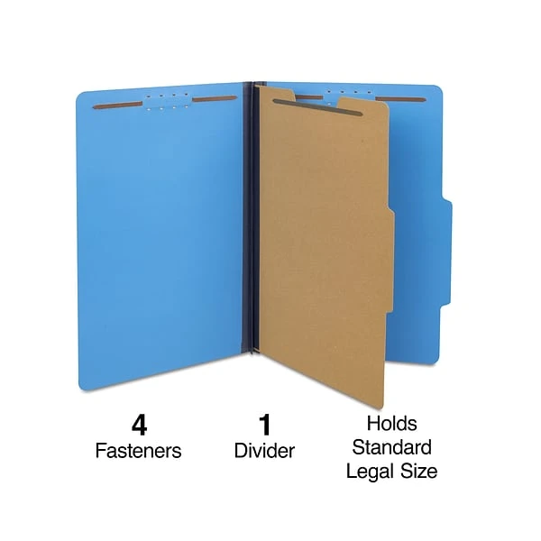 Quill Brand® 2/5-Cut Tab Pressboard Classification File Folders, 1-Partition, 4-Fasteners, Legal, Blue, 15/Box (747026) 3 Quill Brand® 2/5-Cut Tab Pressboard Classification File Folders, 1-Partition, 4-Fasteners, Legal, Blue, 15/Box (747026)
