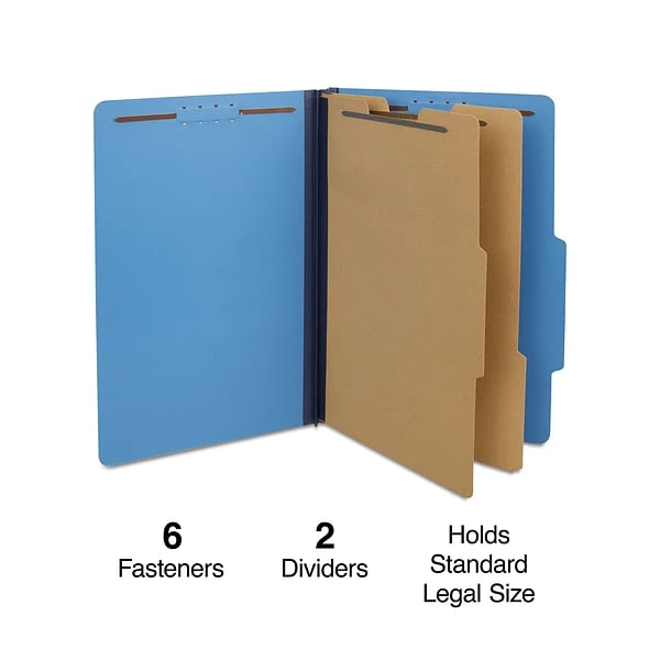 Quill Brand® 2/5-Cut Tab Pressboard Classification File Folders, 2-Partitions, 6-Fasteners, Legal, Blue, 15/Box (7-39026) 3 Quill Brand® 2/5-Cut Tab Pressboard Classification File Folders, 2-Partitions, 6-Fasteners, Legal, Blue, 15/Box (7-39026)