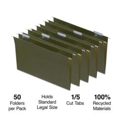 Staples Hanging File Folder, 5-Tab, Legal Size, Standard Green, 50/Box (TR490853)