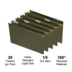 Staples Recycled Hanging File Folder, 5-Tab, Legal Size, Standard Green, 25/Box (TR16402)