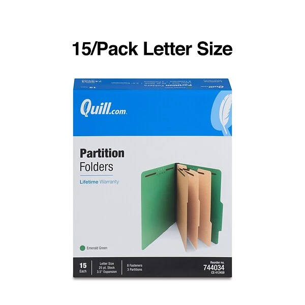 Quill Brand® 2/5-Cut Tab Pressboard Classification File Folders, 3-Partitions, 8-Fasteners, Letter, Green, 15/Box (7-44034) 4 Quill Brand® 2/5-Cut Tab Pressboard Classification File Folders, 3-Partitions, 8-Fasteners, Letter, Green, 15/Box (7-44034) - Image 2