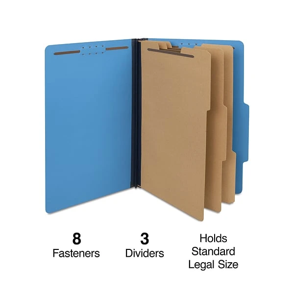 Quill Brand® 2/5-Cut Tab Pressboard Classification File Folders, 3-Partitions, 8-Fasteners, Legal, Blue, 15/Box (7-45026) 3 Quill Brand® 2/5-Cut Tab Pressboard Classification File Folders, 3-Partitions, 8-Fasteners, Legal, Blue, 15/Box (7-45026)