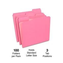 Staples Reinforced File Folders, 1/3 Cut, Letter Size, Pink, 100/Box (TR508952)