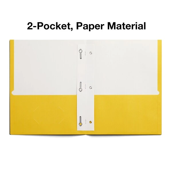 Staples 2-Pocket Pocket Folders With Fasteners, Yellow, 25/Box (50779/27546-CC) 3 Staples 2-Pocket Pocket Folders With Fasteners, Yellow, 25/Box (50779/27546-CC)