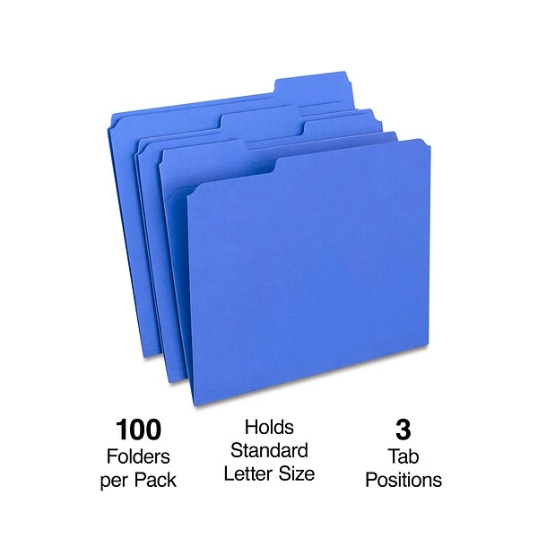 Staples Reinforced File Folder, 1/3 Cut, Letter Size, Blue, 100/Box (TR508911) 3 Staples Reinforced File Folder, 1/3 Cut, Letter Size, Blue, 100/Box (TR508911)