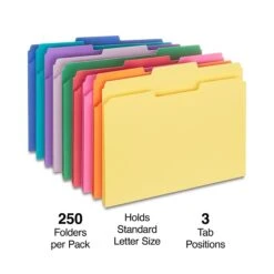 Staples Reinforced File Folder, 1/3 Cut, Letter Size, Assorted Colors, 250/Box (TR576937)