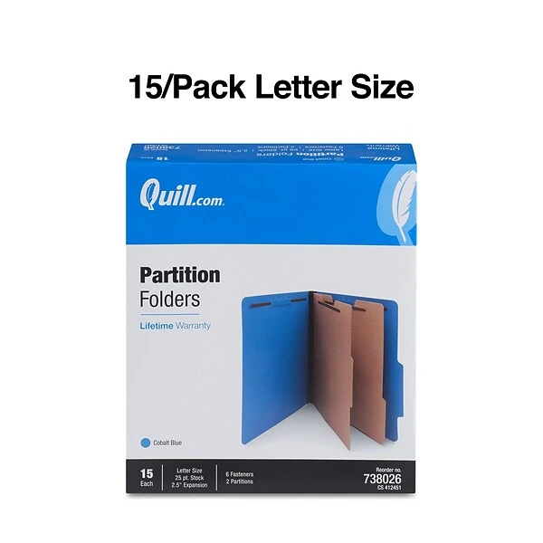 Quill Brand® 2/5-Cut Tab Pressboard Classification File Folders, 2-Partitions, 6-Fasteners, Letter, Blue, 15/Box (738026) 4 Quill Brand® 2/5-Cut Tab Pressboard Classification File Folders, 2-Partitions, 6-Fasteners, Letter, Blue, 15/Box (738026) - Image 2