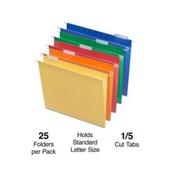 Staples Reinforced Box Bottom Hanging File Folders, 2" Expansion, 5 Tab, Letter Size, Assorted, 25/Box (TR20028)