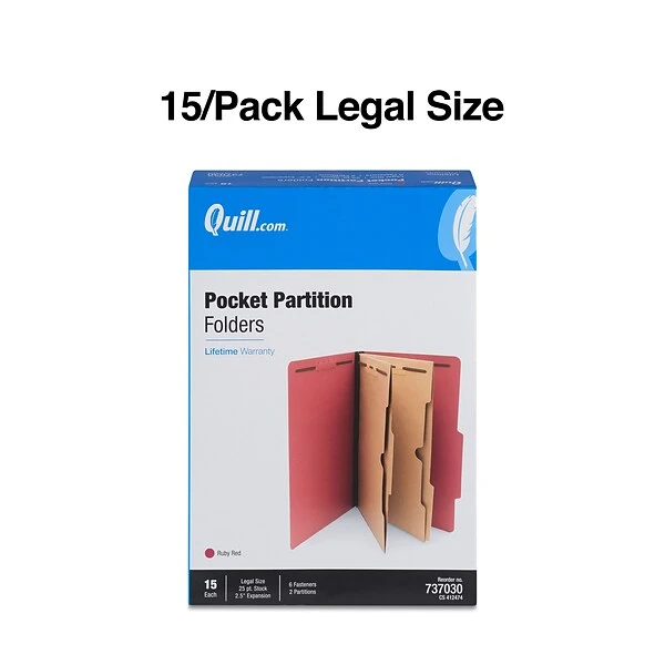 Quill Brand® 2/5-Cut Pressboard Classification Folders With Pockets, 2-Partitions, 6-Fasteners, Legal, Red, 15/Box (737030) 4 Quill Brand® 2/5-Cut Pressboard Classification Folders With Pockets, 2-Partitions, 6-Fasteners, Legal, Red, 15/Box (737030) - Image 2
