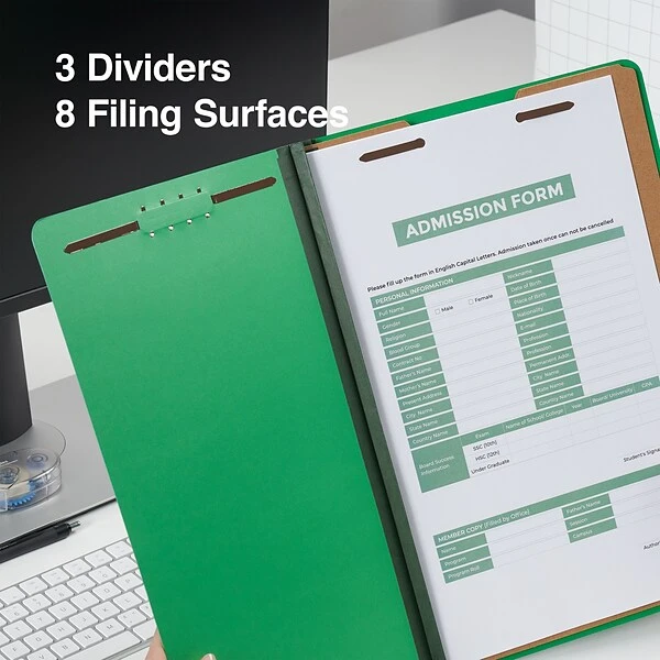 Quill Brand® 2/5-Cut Tab Pressboard Classification File Folders, 3-Partitions, 8-Fasteners, Legal, Green, 15/Box (745034) 6 Quill Brand® 2/5-Cut Tab Pressboard Classification File Folders, 3-Partitions, 8-Fasteners, Legal, Green, 15/Box (745034) - Image 4