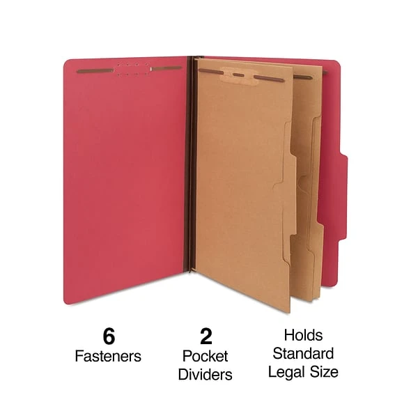 Quill Brand® 2/5-Cut Pressboard Classification Folders With Pockets, 2-Partitions, 6-Fasteners, Legal, Red, 15/Box (737030) 3 Quill Brand® 2/5-Cut Pressboard Classification Folders With Pockets, 2-Partitions, 6-Fasteners, Legal, Red, 15/Box (737030)