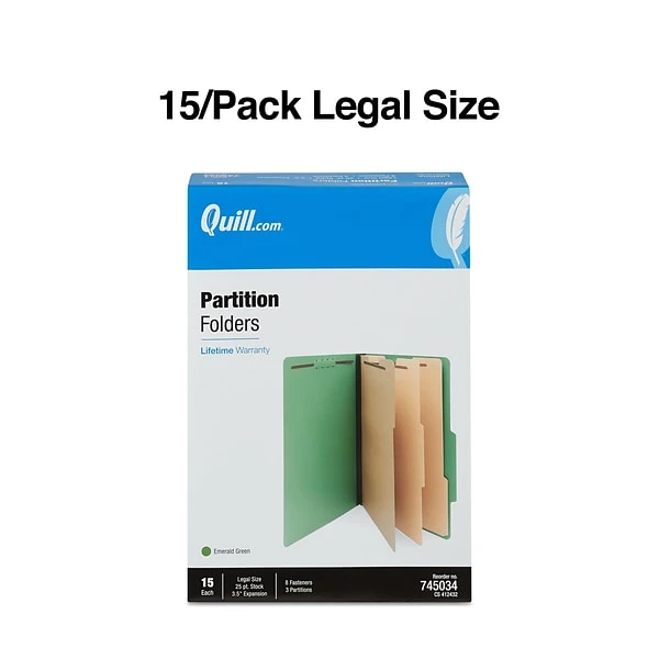 Quill Brand® 2/5-Cut Tab Pressboard Classification File Folders, 3-Partitions, 8-Fasteners, Legal, Green, 15/Box (745034) 4 Quill Brand® 2/5-Cut Tab Pressboard Classification File Folders, 3-Partitions, 8-Fasteners, Legal, Green, 15/Box (745034) - Image 2