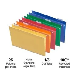 Staples Heavy Duty Reinforced Hanging File Folders, 5-Tab, Legal Size, Assorted Colors, 25/Box (TR18657)