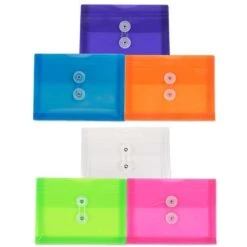 JAM Paper® Plastic Envelopes With Button And String Tie Closure, Index Booklet, 5.5 X 7.5, Assorted Colors, 6/Pack (920B1ASSRTD)