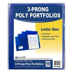 C-Line, Blue Two Pocket Poly Portfolios With 3 Prongs Pack Of 10, 8.5" X 11" Paper Size (CLI32965)