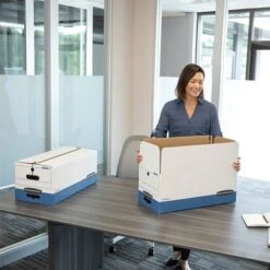 Bankers Box Liberty Heavy-Duty Corrugated File Storage Boxes, String & Button, Letter Size, White/Blue, 12/Carton (00011)