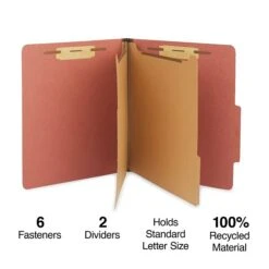Staples® 100% Recycled Pressboard Classification Folder, 2-Dividers, 2.5" Expansion, Letter Size, Brick Red, 20/Box