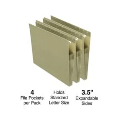 Staples Hanging File Pocket, 3 1/2" Expansion, Letter Size, Standard Green, 4/Pack (TR260828)