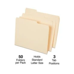 Staples File Folders, 3 Tabs, Letter Size, Manila, 50/Box (541077)