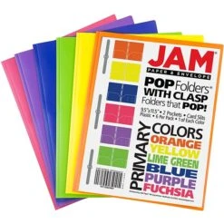 JAM Paper Plastic Two-Pocket School Folders With Fastener Clasps, Assorted Primary Colors, 6/Pack (382ECbgypofu)