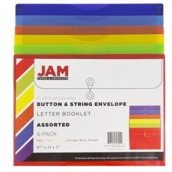JAM PAPER Plastic Filing Envelopes With Button & String Tie Closure, Letter Size, Assorted Colors, 6/Pack (218B1RGBOYP)