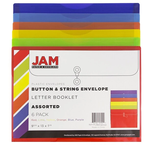 JAM PAPER Plastic Filing Envelopes With Button & String Tie Closure, Letter Size, Assorted Colors, 6/Pack (218B1RGBOYP) 3 JAM PAPER Plastic Filing Envelopes With Button & String Tie Closure, Letter Size, Assorted Colors, 6/Pack (218B1RGBOYP)