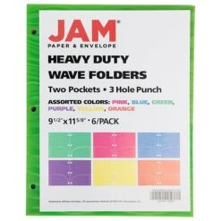 JAM Paper Heavy Duty 3-Hole Punched 2-Pocket School Folders, Assorted Wave Colors, 6/Pack (383HPWAVEAST)
